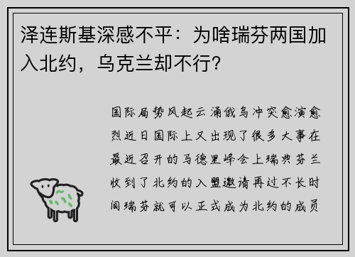 泽连斯基深感不平：为啥瑞芬两国加入北约，乌克兰却不行？